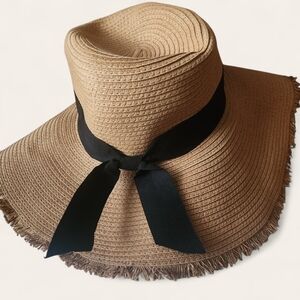 Womens Elegant Tan Wide-Brim Hat with Black Ribbon From The Loft